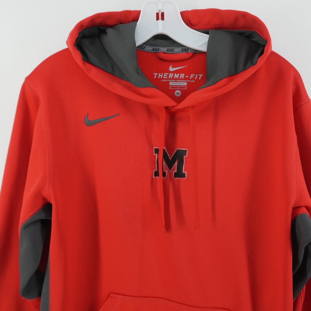 Nike Pullover Hoodie Mens Medium Red Therma-FIT M Logo Contrast Panels